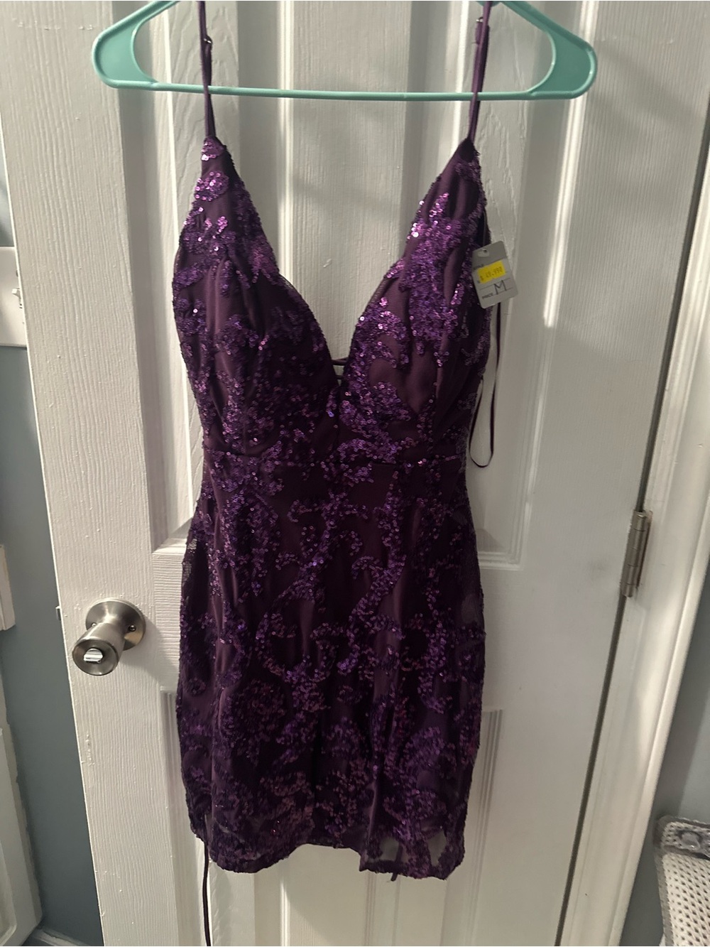 Lovely Day Purple Sequin V-Neck Spaghetti Strap Bodycon Mini Dress